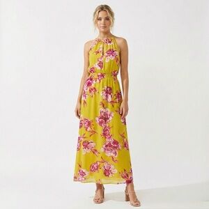 Great Jones Yellow Pink Floral Neck Tie Maxi Dress
